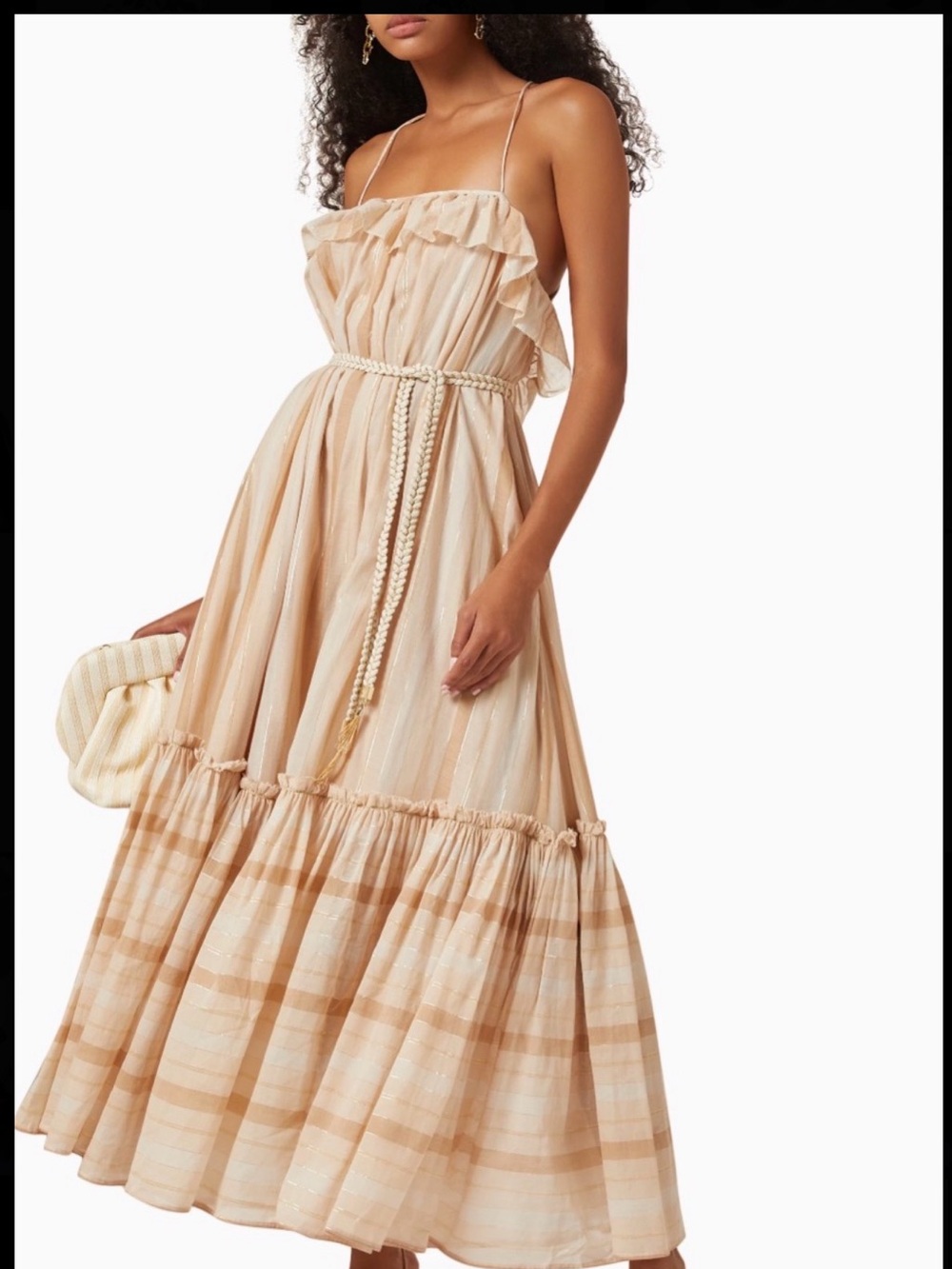 Pink Beige Ruffle-Strap Maxi Dress with Braided Belt